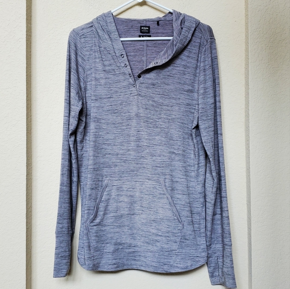 Prana Heathered Grey Pullover with Hood. Size Large